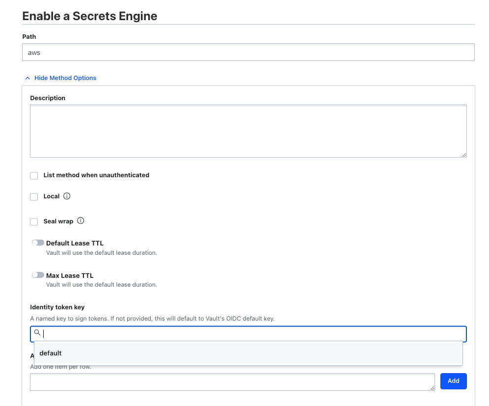 Partial screenshot of the Vault GUI showing the "Identity token key" search select input