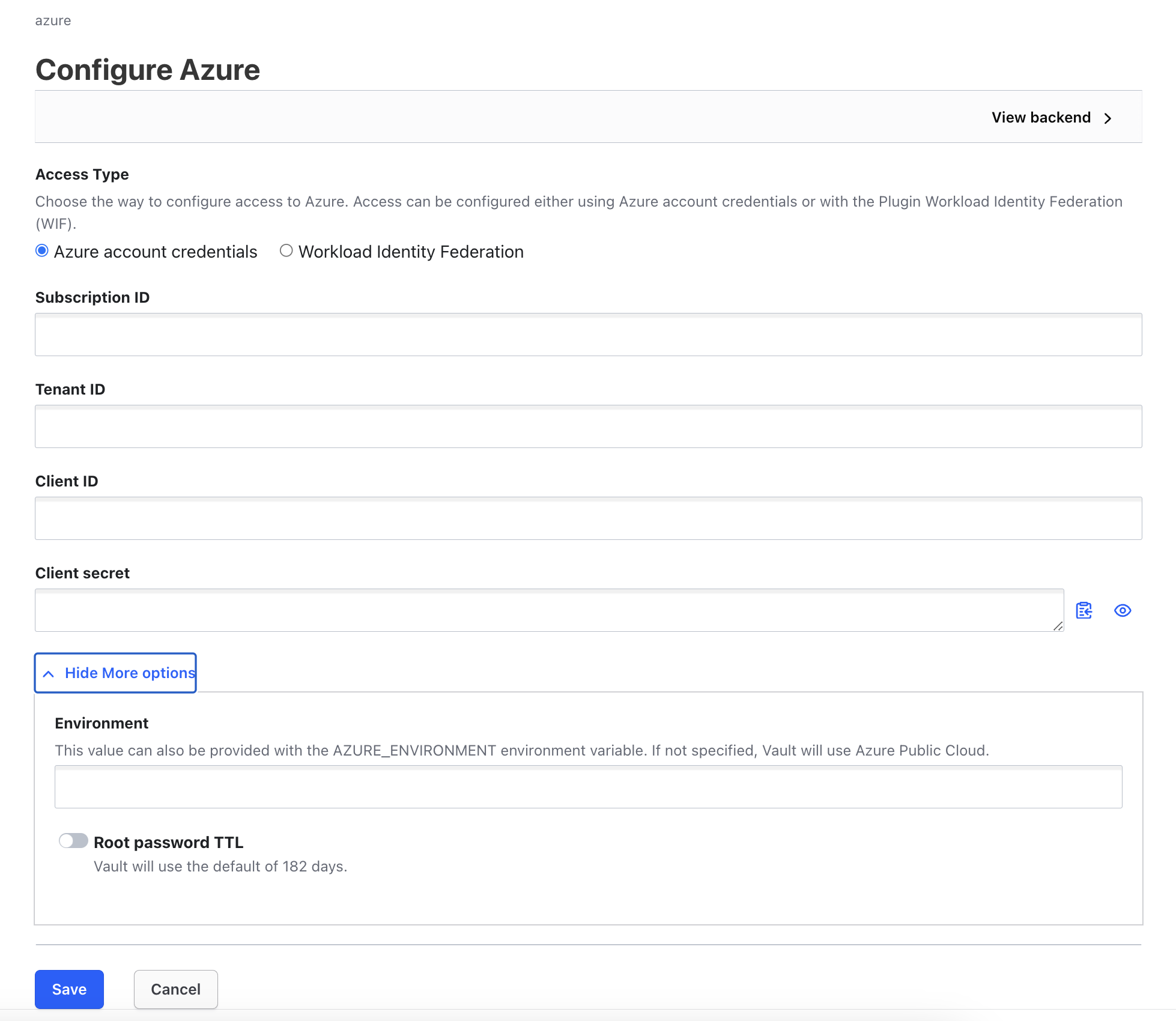 Partial screenshot of the Vault GUI showing the Configuration form